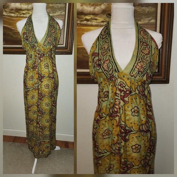 Vintage 1960s 1970s Cotton Tropical V-neck Halter Maxi Summer Dress By Caravan - Picture 1 of 12